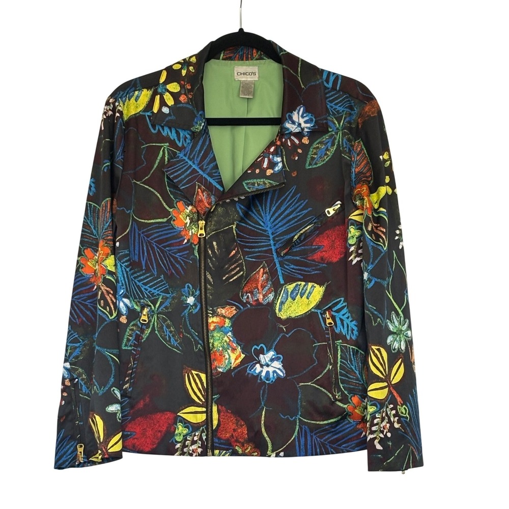 Chicos Floral Moto Jacket Womens Size 2 Large Tropical Asymmetric Zip Colorful